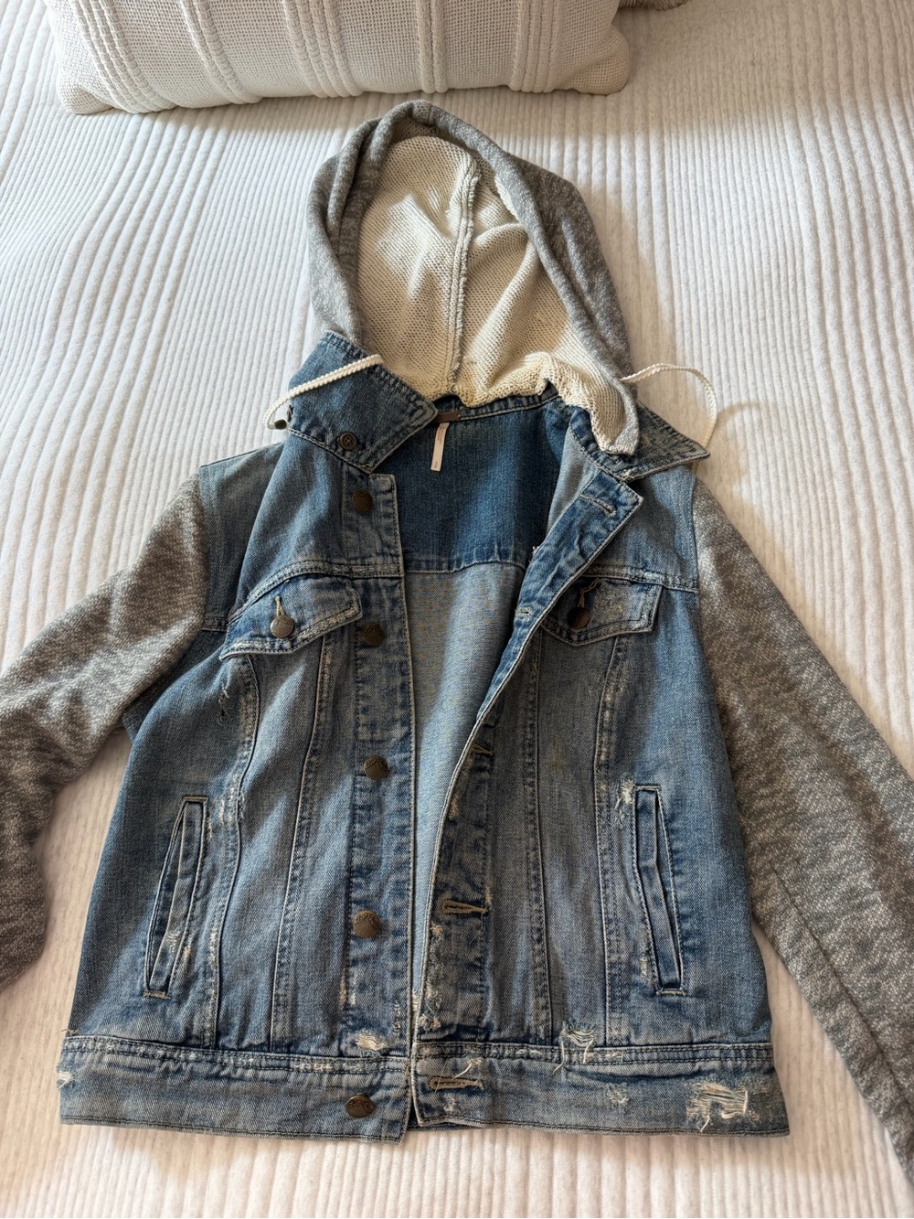 Free People Blue Denim Jacket with Gray Knit Hood & Sleeves